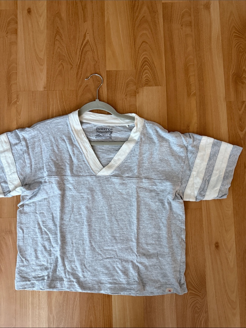 Faherty Kids Gray V‑Neck Tee with White Trim